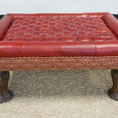 1233	RED LEATHER UPHOLSTERED AND TUFTED TOP HASSOCK ON TURNED FLUTED WOOD LEGS, APPROXIMATELY 36 INX 48 IN X 22 IN H
