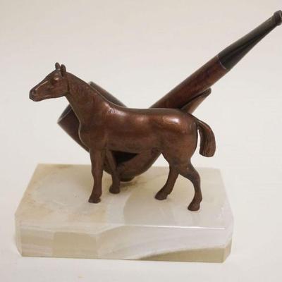 1012	CAST METAL HORSE PIPE HOLDER MOUNTED ON ONYX BASE W/A BRIAR WOOD PIPE, APPROXIMATELY 5 IN X 3 IN X 5 IN HIGH
