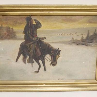 1141	OIL PAINTING ON CAVAS WITNER SCENE AMERICAN INDIAN ON HORSE BACK, APPROXIMATELY 15 IN X 21 IN OVERALL

