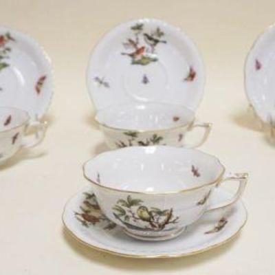 1019	HEREND HAND PAINTED PORCELAIN *ROTHSCHILD* CUPS & SAUCERS, GROUP OF 6 W/IMAGES OF BIRDS & BUTTERFLIES *734 ROTHSCHILD*
