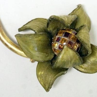 1166	DESIGNER FLORAL PIN BY FABRICE, APPROXIMATELY 4 IN, GREEN WITH GEMSTONE CENTER BROOCH
