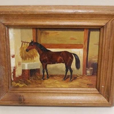 1137	OIL PAINTING ON BOARD HORSE IN STALL, ARTIST SIGNED LOWER RIGHT, APPROXIMATELY 8 IN X 9 1/2 IN OVERALL
