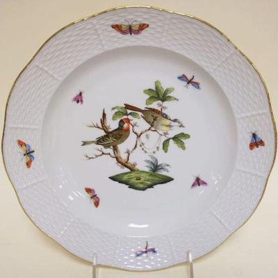 1026	HEREND HAND PAINTED PORCELAIN *ROTHSCHILD* APPROXIMATELY 10 IN SHALLOW BOWL W/IMAGES OF BIRDS & BUTTERFLIES W/BASKET WEAVE...