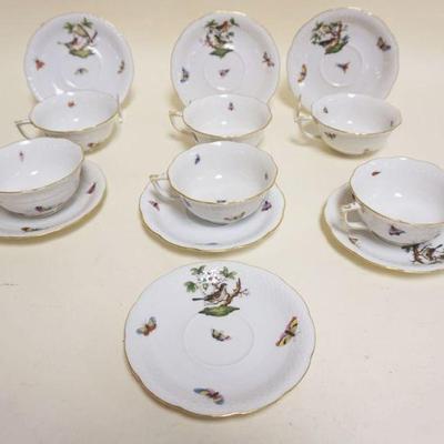 1020	HEREND HAND PAINTED PORCELAIN *ROTHSCHILD* CUPS & SAUCERS, GROUP OF 6 W/IMAGES OF BIRDS & BUTTERFLIES *734 ROTHSCHILD* W/ONE...
