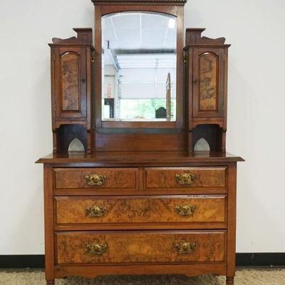1223	DIMINUATIVE WALNUT 4 DRAWER CHEST WITH BEVELED GLASS MIRROR AND BURLED WALNUT DOOR AND CUT DRAWER FRONTS, MIRROR HAS HEART CUT OUT...