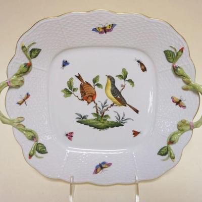 1037	HEREND HAND PAINTED PORCELAIN *ROTHSCHILD* BIRD DOUBLE HANDLED SERVING DISH, APPROXIMATELY 11 1/2 IN X 10 IN

