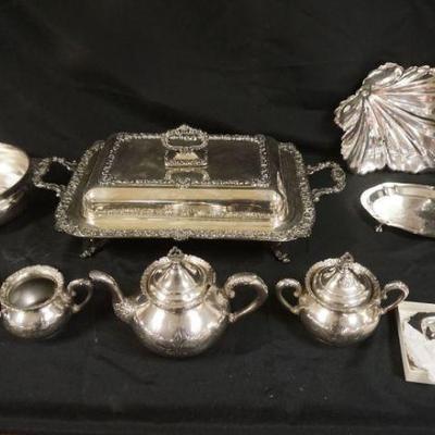 1009	GROUP OF ASSORTED SILVERPLATE INCLUDING TEASET & SERVING PIECES
