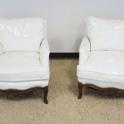 1225	PAIR OF WHITE LEATHER ARM CHAIRS WITH BRASS TACK ACCENTS
