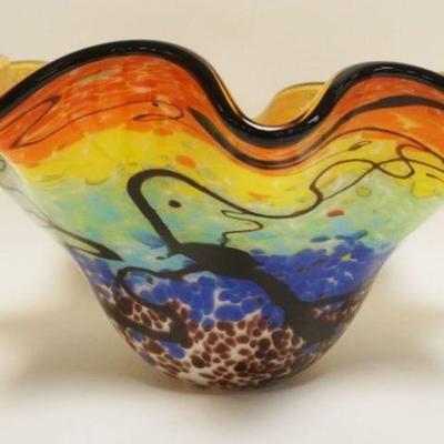 1067	LARGE BADASH ALLURA ART GLASS BOWL W/RUFFLED EDGE, APPROXIMATELY 16 IN X 8 1/2 IN HIGH
