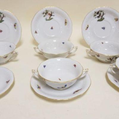 1023	HEREND HAND PAINTED PORCELAIN *ROTHSCHILD* BULLION CUPS & SAUCERS, 5 W/ONE EXTRA SAUCER, W/IMAGES OF BIRDS & BUTTERFLIES
