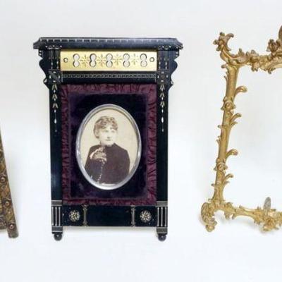 1124	GROUP OF 3 ANTIQUE VICTORIAN DRESSER PICTURE FRAMES INCLUDING BLACK & GILT LACQUER, GESSO & IRON, TALLEST APPROXIMATELY 16...