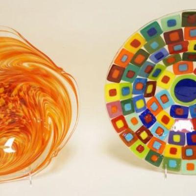1068	ART GLASS CENTERPIECE BOWLS, ONE SIGNED ROSETREE, LARGEST APPROXIMATELY 15 IN X 3 IN HIGH
