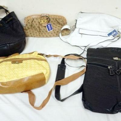 1195	GROUP OF 5 DESIGNER BAGS, ALL  WITH TAGS, SOME WEAR INCLUDING XOXO CLUTCH, DIMONI SPOTTING TO BAG, MERONA, PULICATI, TALBOTS
