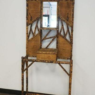 1226	SMOKED BAMBOO AND RATTAN MIRROR BACK HALL COAT AND HAT TREE, APPROXIMATELY 30 IN X 10 IN X 80 IN H
