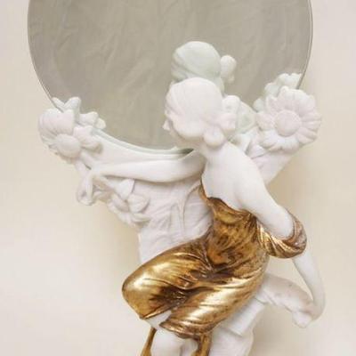1107	CONTEMPORARY COMPOSITE ART NOUVEAU STYLE FIGURAL DRESSER TOP MIRROR, APPROXIMATELY 21 IN HIGH, LOUIS BEATAUX
