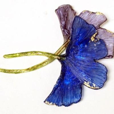 1164	DESIGNER FLORAL PIN BY FABRICE, APPROXIMATELY 5 IN, BLUE AND PURPLE BROOCH
