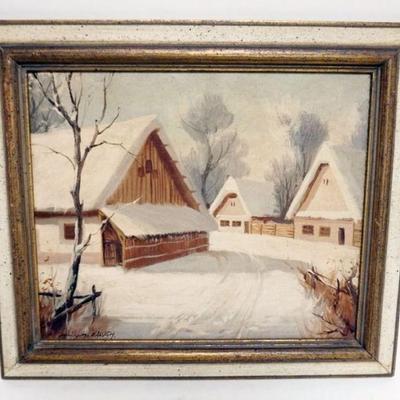 1135	OIL PAINTING ON CANVAS WINTER SCENE, ARTIST SIGNED LOWER LEFT, APPROXIMATELY 13 IN X 15 IN OVERALL

