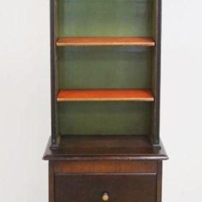 1227	FLINT FURNITURE NARROW MAHOGANY BOOKCASE, DISPLAY CABINET OVER 2 DRAWERS, APPROXIMATELY 18 IN X 12 IN X 73 IN H
