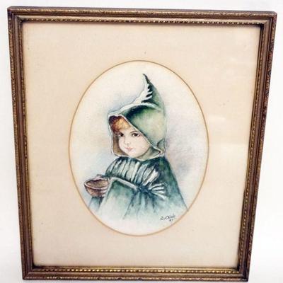 1136	FRAMED WATERCOLOR OF HOODED YOUNG GIRL W/BASKET, ARTIST SIGNED & DATED, APPROXIMATELY 11 IN X 13 IN
