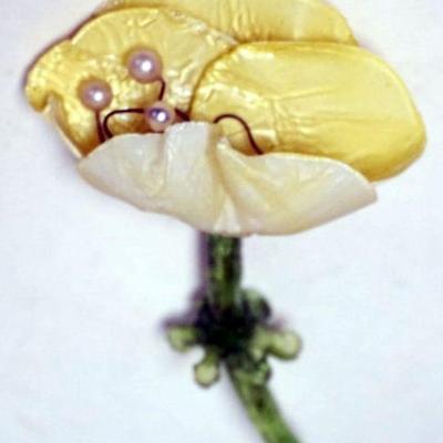 1158	DESIGNER FLORAL PIN BY FABRICE, APPROXIMATELY 4 IN, YELLOW WITH PEARLS BROOCH
