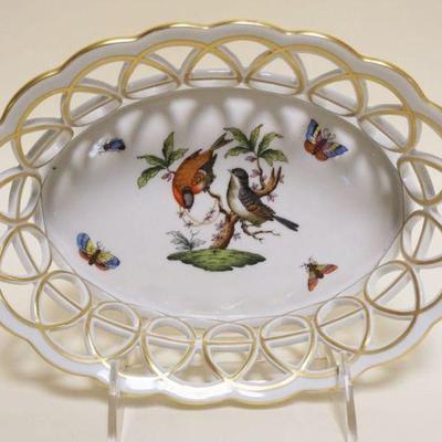 1036	HEREND HAND PAINTED PORCELAIN *ROTHSCHILD* BIRD RETICULATED EDGE BASKET, APPROXIMATELY 6 IN X 8 1/4 IN X 2 1/4 IN HIGH
