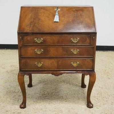 1220	ENGLISH BURLED WALNUT 3 DRAWER SECRETARY DESK WITH LETTER SLOT, 2 DRAWER INTERIOR, APPROXIMATELY 19 IN X 28 IN X 37 IN H
