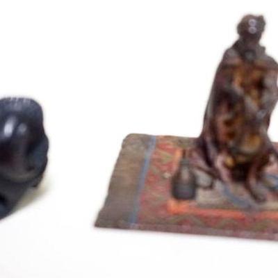 1119	AUSTRIAN COLD PAINTED BRONZE, MIDDLE EASTERN MAN SMOKING PIPE ON CARPET, APPROXIMATELY 2 IN HIGH & BRONZE CHINESE FOO DOG/DRAGON
