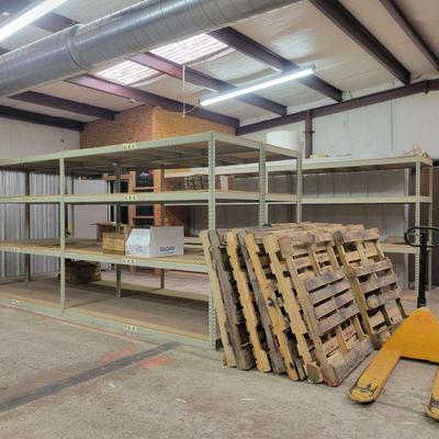 Shelves, pallets, pallet dolly, filing cabinets, metal cabinets, desks, chairs, phones, printers, monitors, bookcases, new shipping...