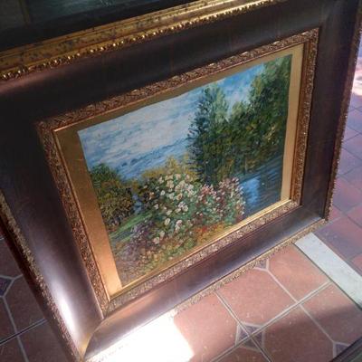 Signed sofa size oil on board in great heavy gilded frame