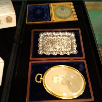 Antique framed civil war bubble glass frame sterling pin tray and civil ware era photographs
