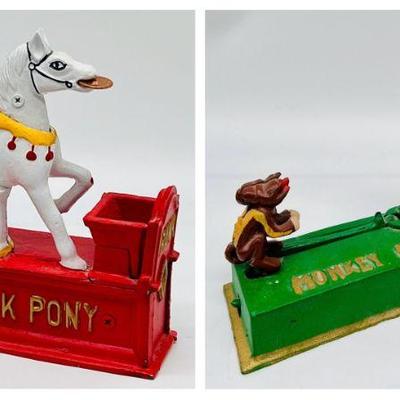 (2) Cast Iron Banks - Trick Pony & Monkey Bank
