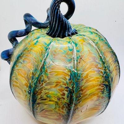 Decorative Larger Glass Pumpkin with Blue Stalk
