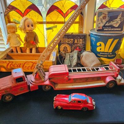 Tonka fire truck, coke crate, vintage advertising