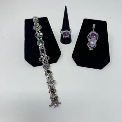 Multi-Gemstone Sterling Silver Bracelet, Ring & Pendant Set (Total 56.73grams)	