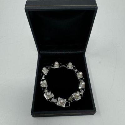 Sterling Silver Bracelet w/ Mother of Pearl Inlay & Protruding Pearls	