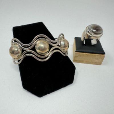 Sterling Wavy Bracelet & Ring w/ Natural Agate Stone (24.89grams Combined)	