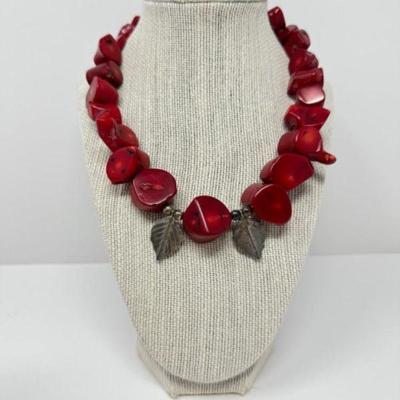 Chunky Red Gemstone Beaded Necklace - 17” 	