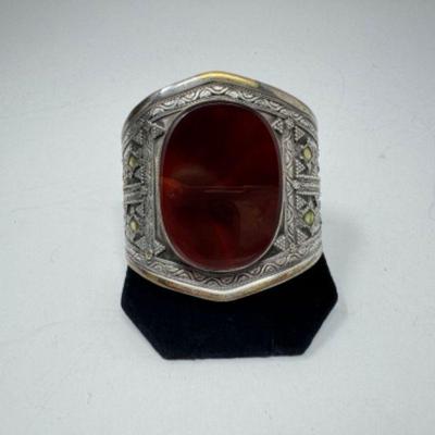 Oversized Sterling Silver Cuff w/ Polished Red/Orange Stone (78.49g)	