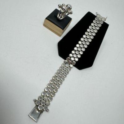 Sterling Silver Disc Bracelet & Sterling Cocktail Ring (Total 72.08 Grams)	
