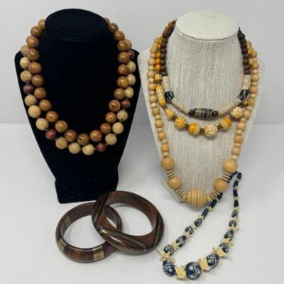 Handcrafted Wood Shell & Bone Beaded Necklace & Bangle Set﻿	