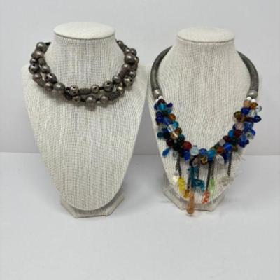 Tribal Style Silver Tone & Multicolor Blown Glass Statement Necklaces	