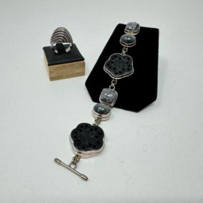 Carved Black Asian Stone & Sterling Bracelet + Ring (Total 64.64grams)	