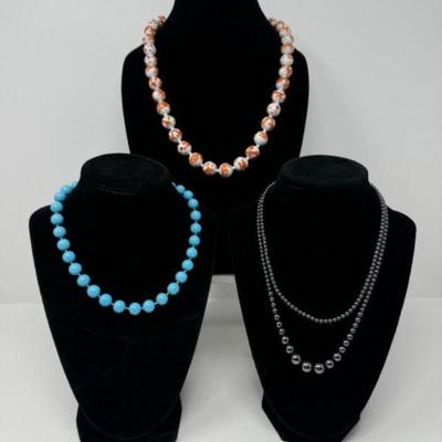 Blue Stone, Hematite, & Hand-Painted Asian Statement Necklaces	