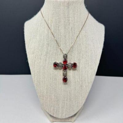Sterling Silver Birthstone & CZ Cross Pendant Necklace (16.66grams)	