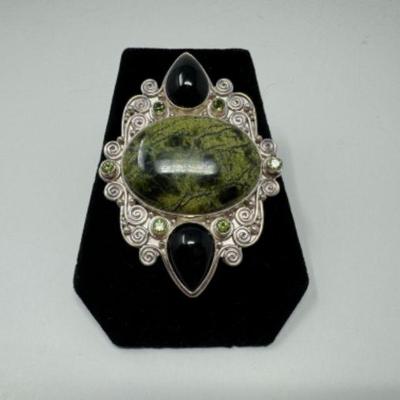 925 Sterling Silver Sajen Green Jasper Peridot Brooch Pendant ﻿	