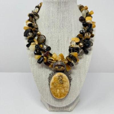 Bohemian Style Sterling Silver Statement Necklace w/ Semi Precious Gemstones	