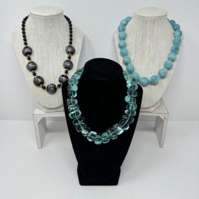 Blown Glass Beads, Sajen Stone, & Aquamarine Necklace Collection	
