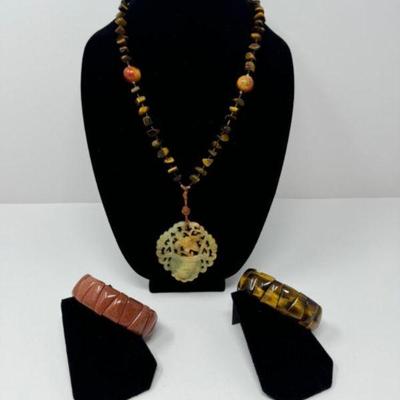 Hand-Carved Stone Pendant w/ Stone Bangles (Tiger's Eye & More)	