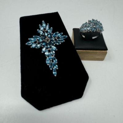 Sterling Silver Blue Topaz Marquise Cross Pendant & Ring Set (Total Weight- 18.59g)	