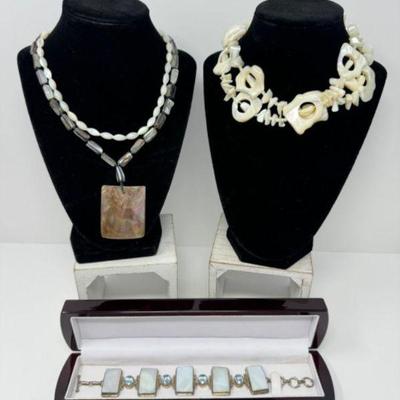 Mother of Pearl, Blue Topaz, & Sterling Bracelet (56.06 grams) + Shell Necklaces 	
